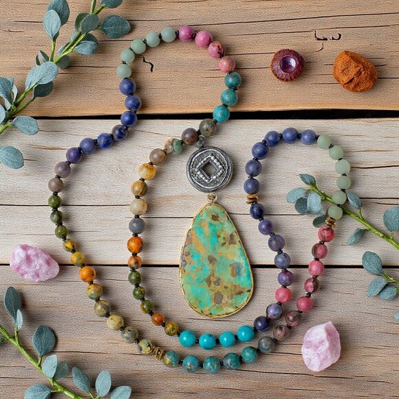 🆕️Boho-Chic Vintage-Inspired Long Sweater Necklace Natural Stones Coin Pendant - Picture 1 of 8